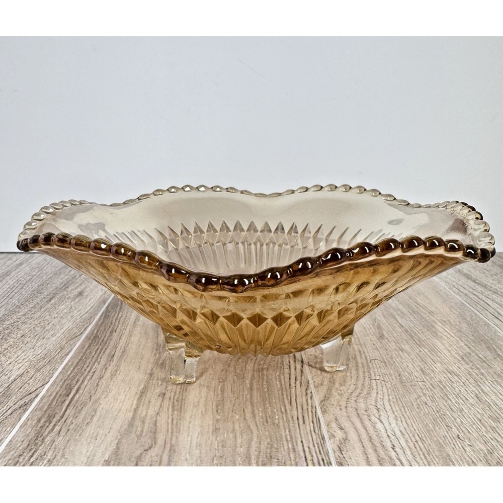 Vintage Amber Diamond Pattern Glass Footed Bowl Scalloped Rim Console Dish